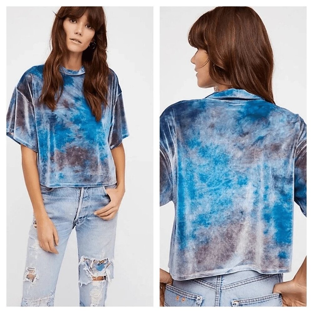 We The Free Blue Purple Need You Velvet Tee Velour Mock Neck Tie Dye